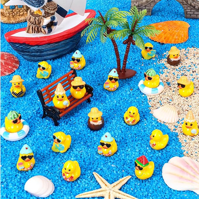 120 Pcs Summer Mini Resin Ducks 10 Beach Vacation Styles Tiny Cruise Ducks to Hide Miniature Hawaii Duck Figurines for Pool Party Favors DIY Crafts Cake Toppers Fairy Garden Aquarium Desk Decor