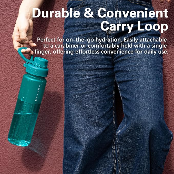 OLDLEY 32oz Water Bottle with Handle, BPA-Free Tritan Reusable Sports Water Bottle with Leak-Proof Dust Lid, Wide Mouth, Cup Holder Friendly, Half Frosted Clear Bottle for Gym, Travel, Work,Aqua Blue