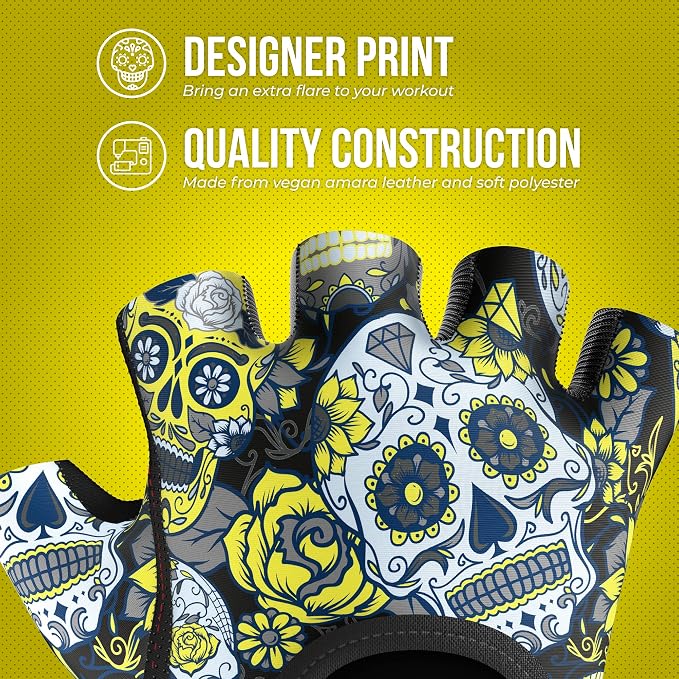 Contraband Pink Label 5237 Womens Designer Workout Gloves | Sugar Skull Print w/Grip-Lock™ Padding (Yellow, Medium)