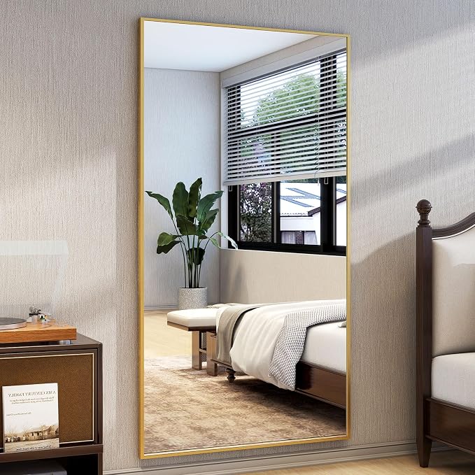 Easly Full Length Mirror with Stand 34"x76" Full Body Mirror Floor Mirror Standing Hanging or Leaning Wall, Wall Mirror with Stand Aluminum Alloy Frame for Living Room Bedroom Cloakroom,Gold
