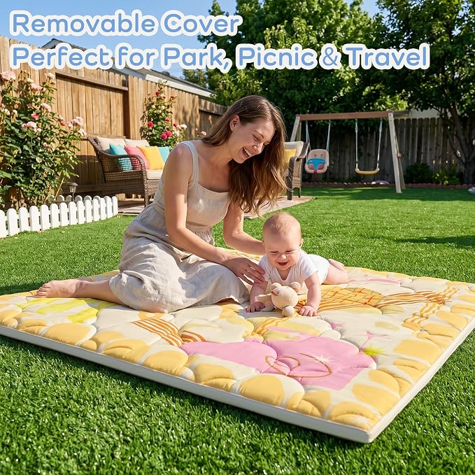 1.6" Thick Baby Play Mat, 71x59 Removable & Machine Washable Cover | Padded Memory Foam, Non-Slip Backing, 100% Baby-Safe Materials, Tummy Time Crawling, Outdoor, Bedroom, Living Room, Nursery