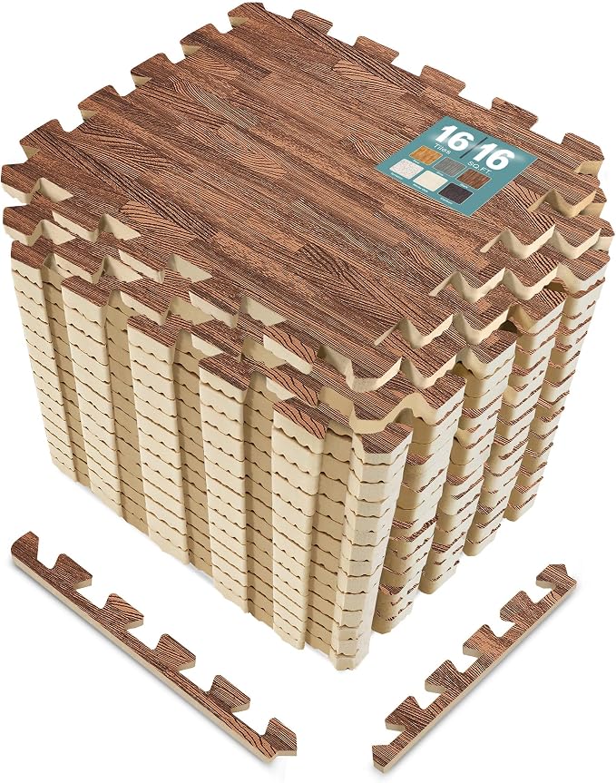 Sorbus Wood Grain Floor Mats Foam Interlocking Mats Each Tile 1 Square Foot 3/8-Inch Thick Flooring Wood Mat Tiles - Home Office Playroom Basement Trade Show (16 Tiles,16 Sq ft, Brown)