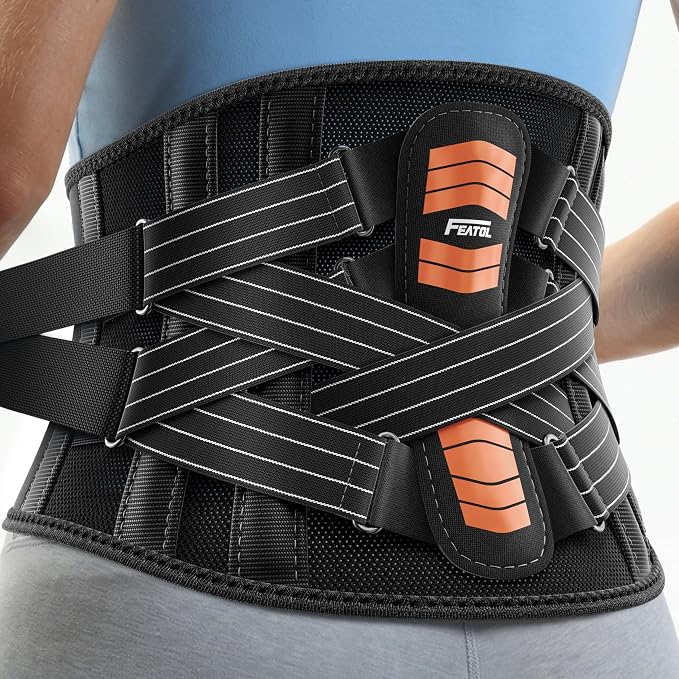 FEATOL Back Brace for Men Lower Back and Women, Removable Dual-Side Spine Lumbar Pad with Snug Fit, Adjustable Support Belt for Work, Orange, Size M 29.5-34.5"