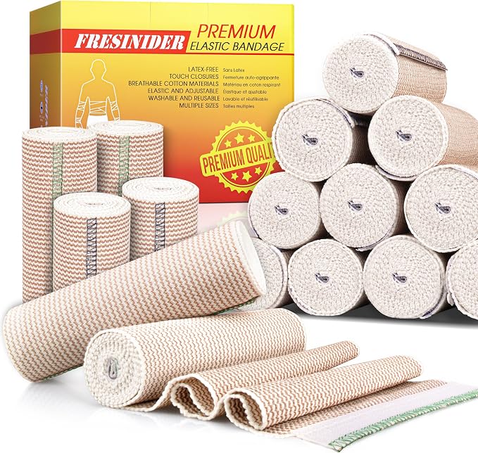 FRESINIDER Premium Elastic Bandage Wrap 4 Inch, 12 Pack, Hook and Loop | All-Purpose 4-Inch Cotton Compression Wrap for Knee, Calf and Elbow; Twelve Rolls for Clinics, Teams and Family First Aid.