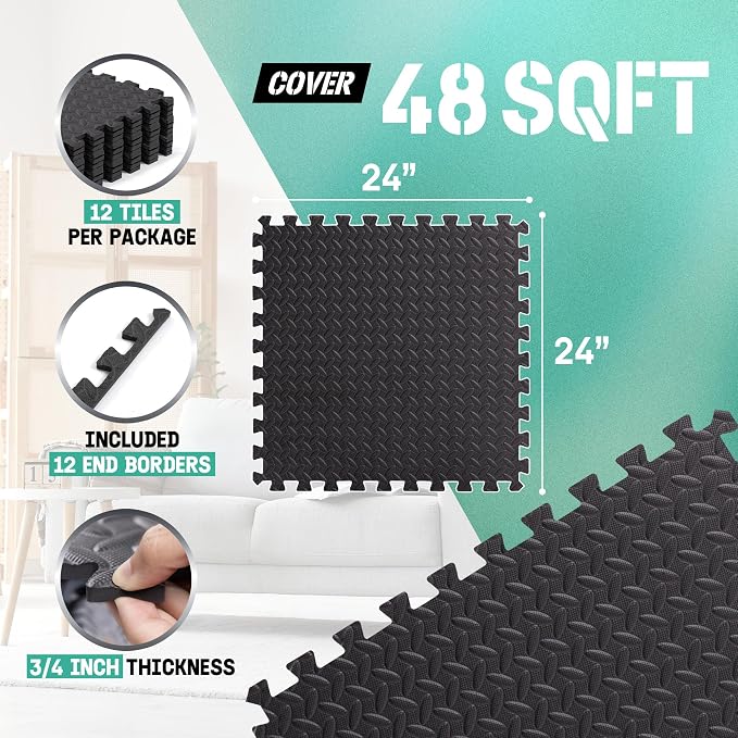 Yes4All 24SQFT-120SQFT Puzzle Exercise Mat for Home Gym, EVA Interlocking Foam Floor Tiles with Border for Workout Equipment