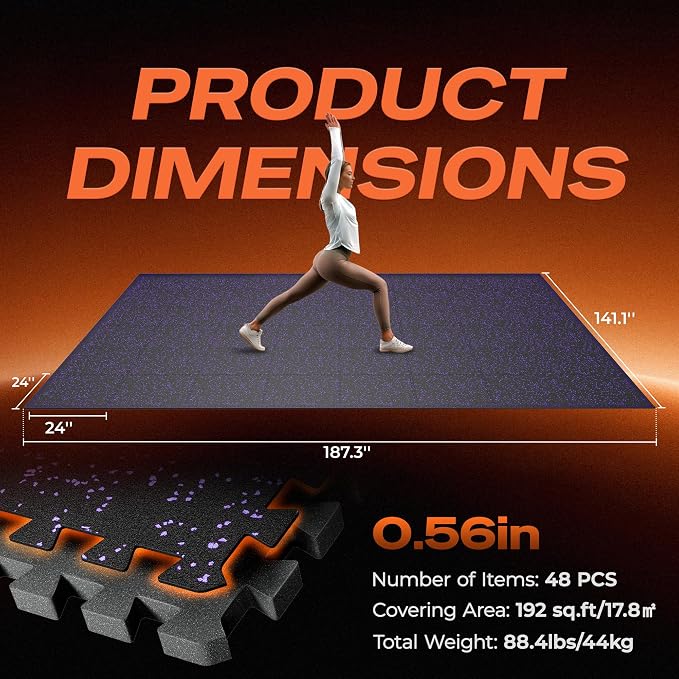 SUPERJARE 0.56'' Thick 48 Pcs 192 Sq Ft Rubber Top Exercise Equipment Mats, High Density EVA Foam Mats with Rubber Top, Interlocking Gym Flooring for Home Gym, Protective Workout Mat, Black/Purple