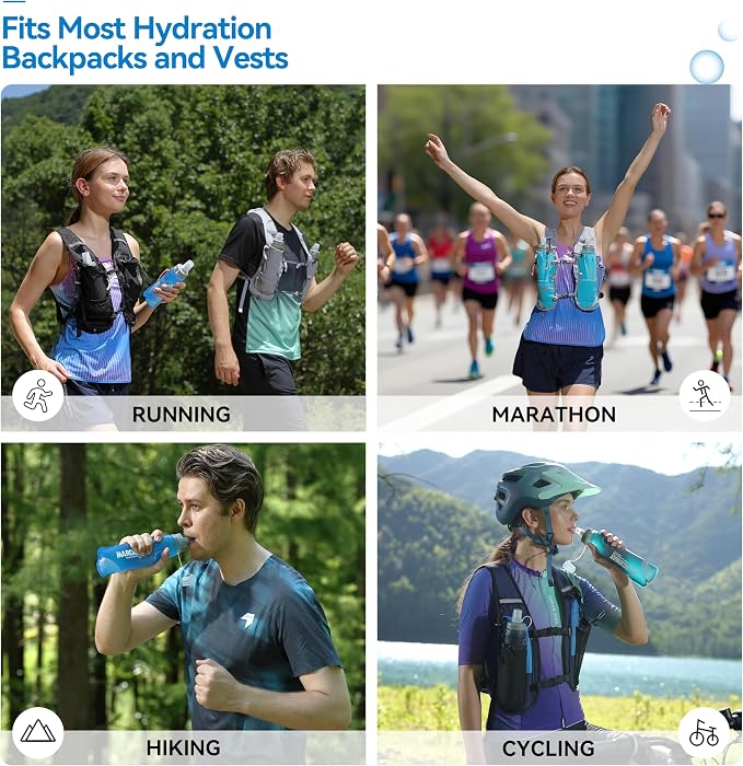 MARCHWAY Soft Hydration Flask with Wide Mouth, 300ml/500ml Collapsible TPU Water Bottle, Leakproof Portable Flexible for Running, Hiking, Cycling, Climbing, Gym, Travel (2pcs Dark Blue 300ml)