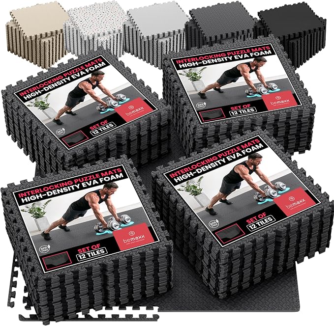 bemaxx Gym Mats Set - 48 pcs EVA Interlocking Foam Floor Tiles (24.4"x24.4"x0.4") 192 sqft Protective Gym Flooring Sports Home Workout Exercise Mats Puzzle Garage Fitness Play-Room Pool Treadmill Bike