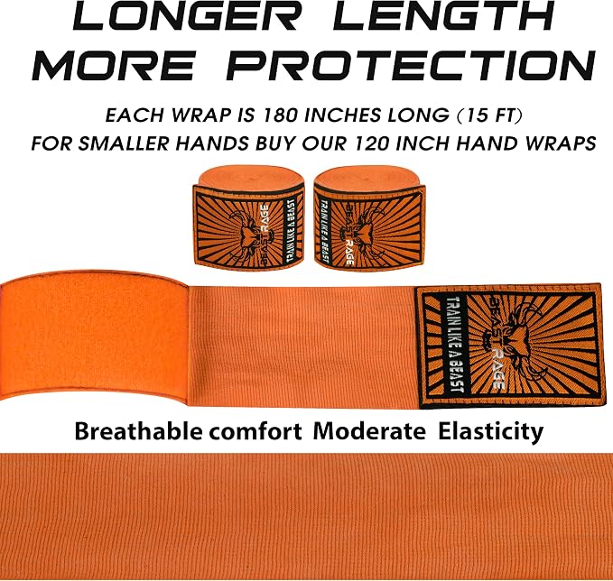 BEAST RAGE Boxing Hand Wraps for MMA Kickboxing Wrist Wraps Professional Adult 180" Semi-Elastic Martial Arts Inner Gloves Heavy Bag Handwraps Muay Thai Thumb Straps