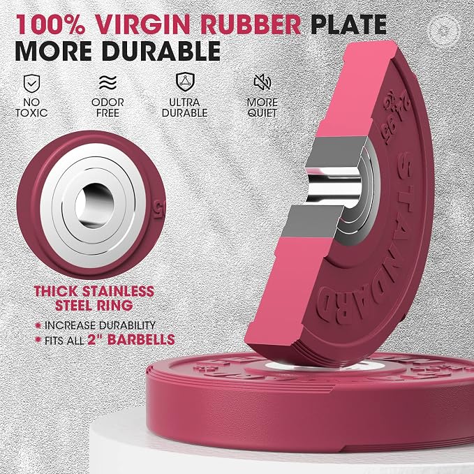 FEIERDUN Color Bumper Plate Set, 2-Inch Olympic Weight Plates, Low Bounce Rubber Barbell Plates with Stainless Steel Insert for Weightlifting, Strength Training, CrossFit & Home Gym, 10LB-370LB