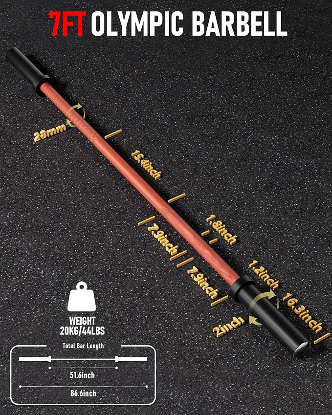 7FT Olympic Barbell, 1500LBS Weight Bar For Weightlifting and Powerlifting | 45lb Olympic Bar with Needle Bearings & Brass Bushings, Strength Training Bar Fit 2" Standard Weights Home Gym