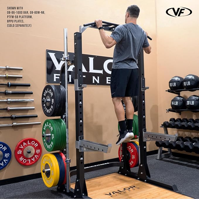 Valor Fitness Half Rack Squat Machine - 5 Position Multi-Grip Pull Up Station - Adjustable Height, Plate Storage, Bar Storage and Resistance Band Pegs – 750lbs.- Optional Weightlifting Platform Bundle