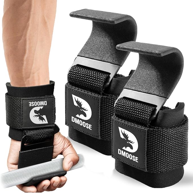 DMoose Fitness Weight Lifting Hooks (Pair) for Deadlifts, Pull Ups, Rows & Shrugs - Anti-Rip Nylon Strap Hand Grips with Thick Wrist Padding - Heavy Duty Wrist Straps for Weightlifting & Gym Workouts