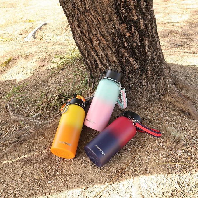 KXIAOCHEN Insulated Water Bottle with Strap, 48-Hour Cold, 2 Lids | Triple-wall insulation, lead-free 18/8 Stainless steel, paracord handle, carabiner clip, for gym, hiking, camping and travel