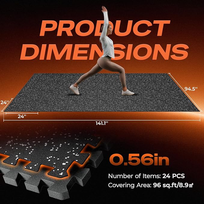 SUPERJARE 0.56'' Thick 24 Pcs 96 Sq Ft Rubber Top Exercise Equipment Mats, High Density EVA Foam Mats with Rubber Top, Interlocking Gym Flooring for Home Gym, Protective Workout Mat, Black/Grey