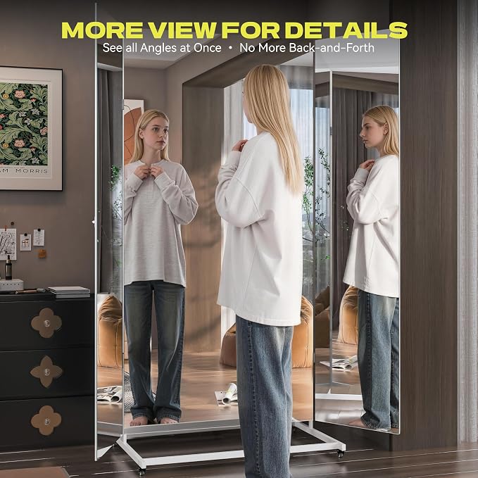 Hasipu 79"×79" Large Tri-Fold Full Length Rolling Mirror | Tempered Glass Movable Home Gym Mirror on Wheels with Stand for Gym, Dance Studio, Fitness Room, and Home