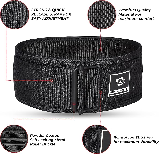 AQF Self-Locking Weight Lifting Belt, 4" Nylon Gym Support Belt