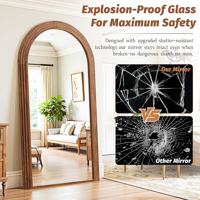 Antok Full Length Mirror 82"×44" Floor Mirror Standing Tall Mirror, Arched Stand up Large Wall Mirrors, Freestanding Full Body Mirrors for Bedroom Living Room Wood Vintage Style Brown