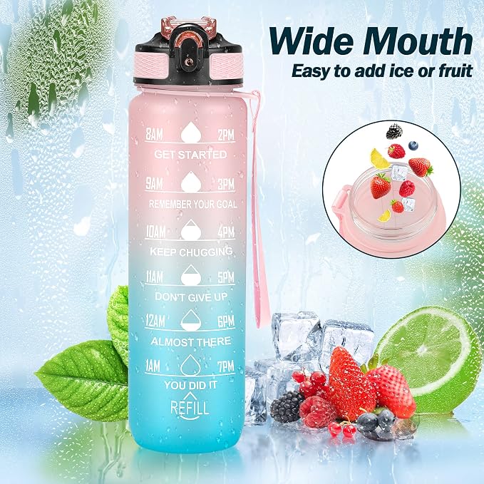 YC Kitchen Motivational Water Bottle with Time Marker - 32oz, Leak-proof BPA Free Sports Water Bottles with Straw & Carrying Strap