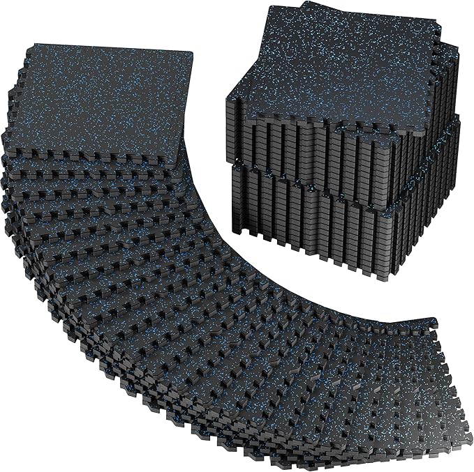 PRAISUN 0.56" Rubber Top Gym Flooring, Heavy Duty Interlocking Gym Mats for Home Gym, Non-Slip Workout Mat, 24 x 24in Large Gym Floor Mat, Protect Floors from Equipment, 192 Sq Ft, Black/Blue