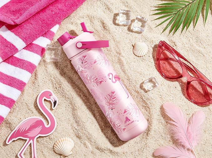 POWCAN 26 oz Insulated Water Bottle with 2-in-1 Straw and Spout Lid, Keep Cold 24H, Leak-Proof, Fits in Car Cup Holder, Stainless Steel Water Bottle for Sports, Trip, Gift, Gym (Sun-Kissed Flamingo)