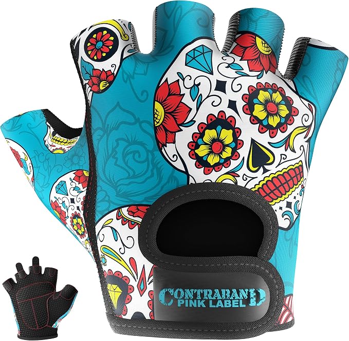 Contraband Pink Label 5237 Womens Designer Workout Gloves | Sugar Skull Print w/Grip-Lock™ Padding (Green, Medium)
