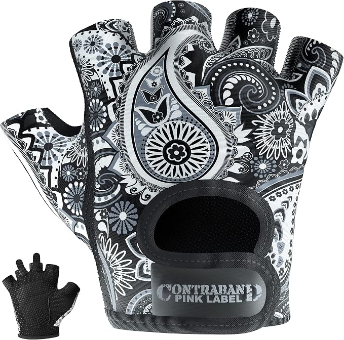 Contraband Pink Label 5387 Womens Design Series Paisley Print Lifting & Rowing Gloves (Pair) - Lightweight Vegan Medium Padded Microfiber Amara Leather w/Griplock Silicone
