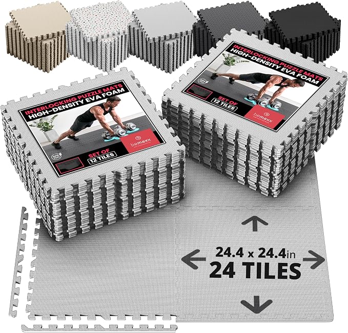 bemaxx Gym Mats Set - 24 pcs EVA Interlocking Foam Floor Tiles (24.4"x24.4"x0.4") 96 sqft Protective Gym Flooring Sports Home Workout Exercise Mats Puzzle Garage Fitness Play-Room Pool Treadmill Bike