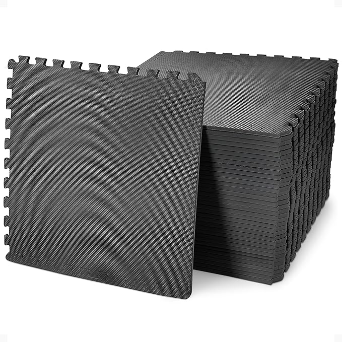 BalanceFrom Puzzle Exercise Mat 1/2-inch Thick, EVA Interlocking Foam Floor | Tiles for Home Gym, Studio, or Playroom Flooring, Black, 24 in x 24 in x 1/2 in, 144 Sq Ft - 36 Tiles
