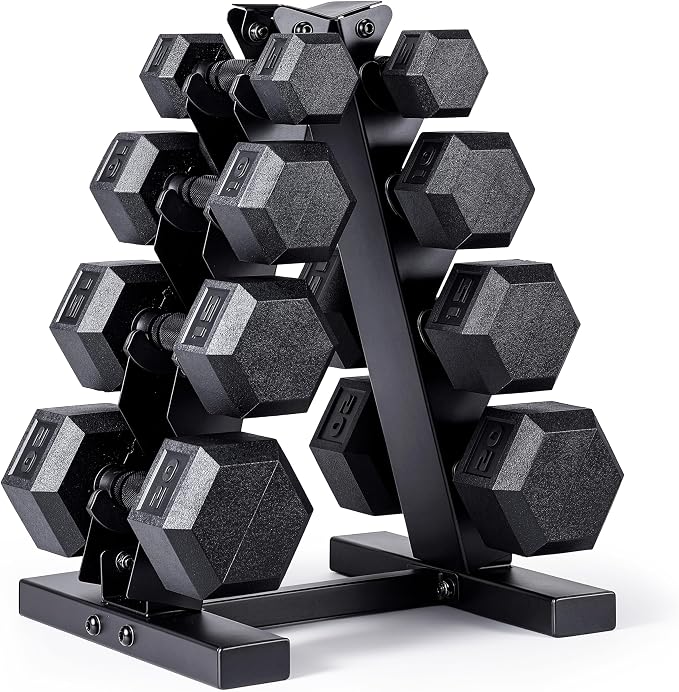 CAP Rubber Coated Hex Dumbbell Set with Storage Rack | 100–210 lb Options, Space-Saving Vertical Compact Storage for Home Gym Strength Training