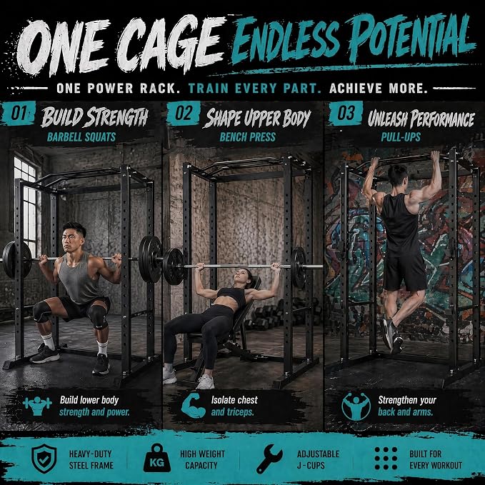 5-in-1 Power Rack Heavy Duty Home Gym | 5 Configs: Only, +Pulley, +Bench, +150LB, +240LB. 1200LB, 50x50mm, 83"H. J-Hooks, Safety Bars, Landmine. Olympic 2" Plates.