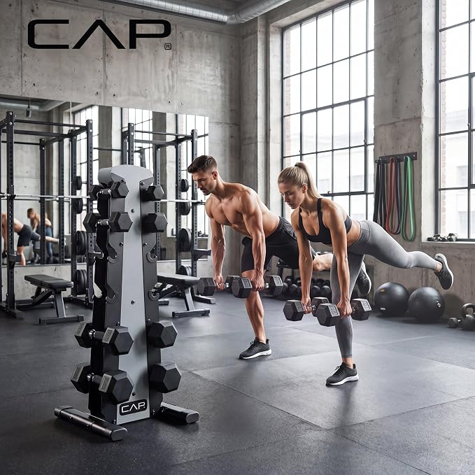 CAP Rubber Coated Hex Dumbbell Set with Storage Rack | 100–210 lb Options, Space-Saving Vertical Compact Storage for Home Gym Strength Training