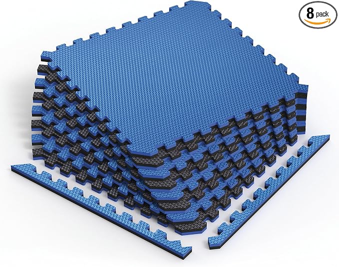 Reversible Gym Exercise Mats 3/4" Thick EVA Interlocking Foam Tiles, Perfect Gym Flooring for Home Gym, 8 Tiles & 16 Trim Pieces, 32 Sq. Ft. 24"x24" Dazzling Blue/Black