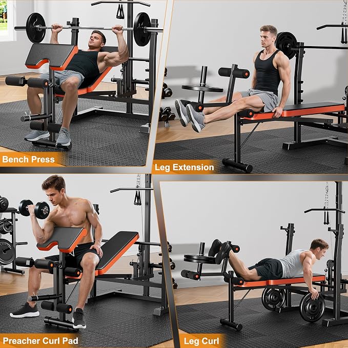 XDDIAS 9-in-1 Olympic Weight Bench Set with Lat Pulldown, Rowing, Squat Rack, Leg Extension/Curl, Preacher Pad, 900LB Adjustable Bench Press for Home Gym Weight Lifting Full-Body Workout