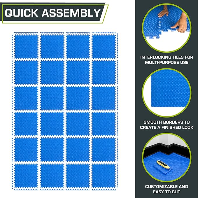 ProsourceFit Exercise Puzzle Mat 1/2-inch, EVA Interlocking Foam Floor Tiles for Home Gym, Workout Equipment, Kids Play Areas, Blue, 96 SQ FT - 24 Tiles