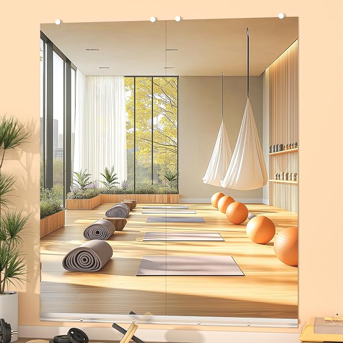 Hasipu Home Gym Mirror, 63"x28" Each, 2-Pack Frameless Wall Mounted Mirrors with Glass Clamps & 1 Aluminum Rail, Large Body Mirror for Home Gym, Yoga Studio, Bedroom, Silver Tempered Glass
