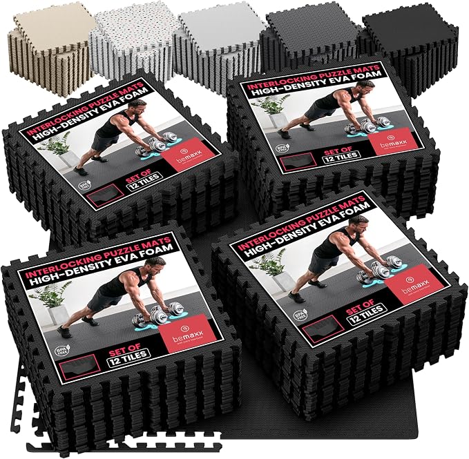 bemaxx Gym Mats Set - 48 pcs EVA Interlocking Foam Floor Tiles (24.4"x24.4"x0.4") 192 sqft Protective Gym Flooring Sports Home Workout Exercise Mats Puzzle Garage Fitness Play-Room Pool Treadmill Bike