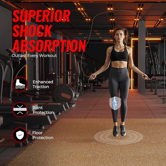 SUPERJARE 0.4'' Thick 12 Pcs 48 Sq Ft Rubber Top Exercise Equipment Mats, High Density EVA Foam Mats with Rubber Top, Interlocking Gym Flooring for Home Gym, Protective Workout Mat, Wood