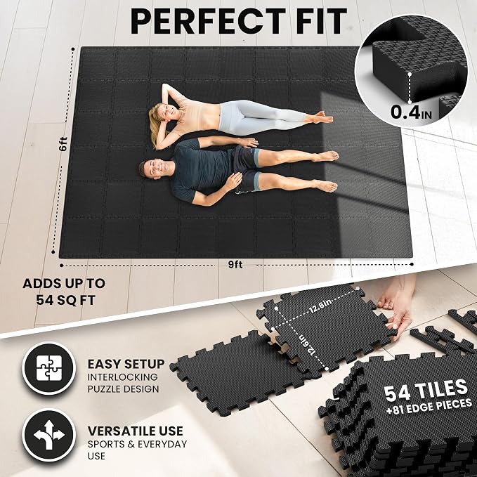 bemaxx Gym Mats Set - 54 pcs EVA Interlocking Foam Floor Tiles (12.6"x12.6"x0.4") 54sqft Protective Gym Flooring Sports Home Workout Exercise Mats Puzzle Garage Fitness Play-Room Pool Treadmill Bike