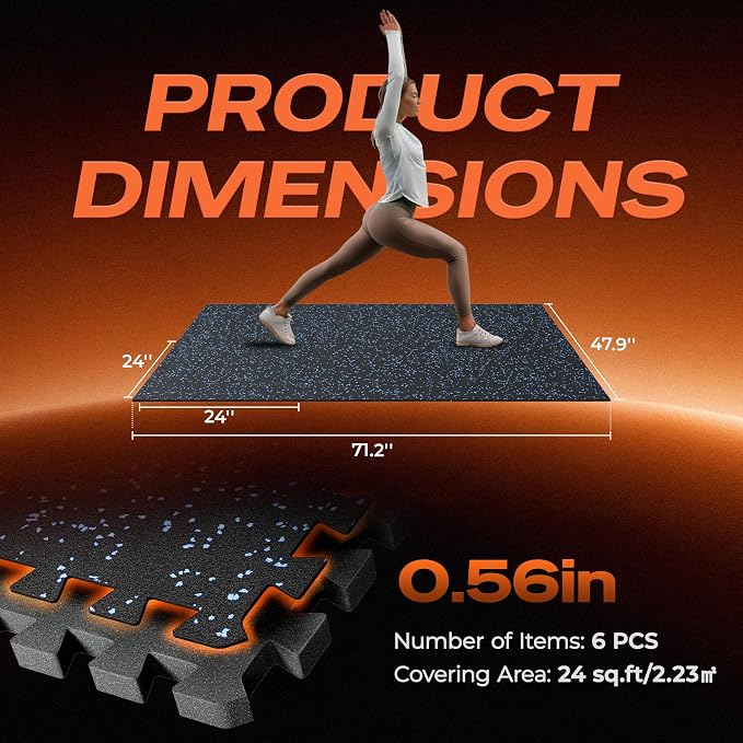 SUPERJARE 0.56'' Thick 6 Pcs 24 Sq Ft Rubber Top Exercise Equipment Mats, High Density EVA Foam Mats with Rubber Top, Interlocking Gym Flooring for Home Gym, Protective Workout Mat, Black/Blue