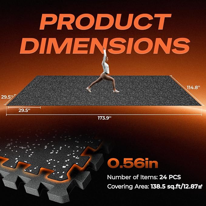 SUPERJARE 30" x 30" Larger Rubber Top Exercise Equipment Mats, 0.56" Thick 24PCS 150 Sq Ft High-Density EVA Foam Interlocking Gym Flooring, Big Workout Mat for Home Gym, Floor Protection, Black/Grey