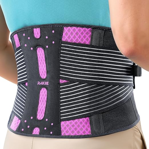Rakiie Slim Back Brace for Lower Back Pain Relief, Lightweight & Breathable Back Support Brace for Men Women, Ergonomic Light Lumbar Support for Everyday Wear, Pink L