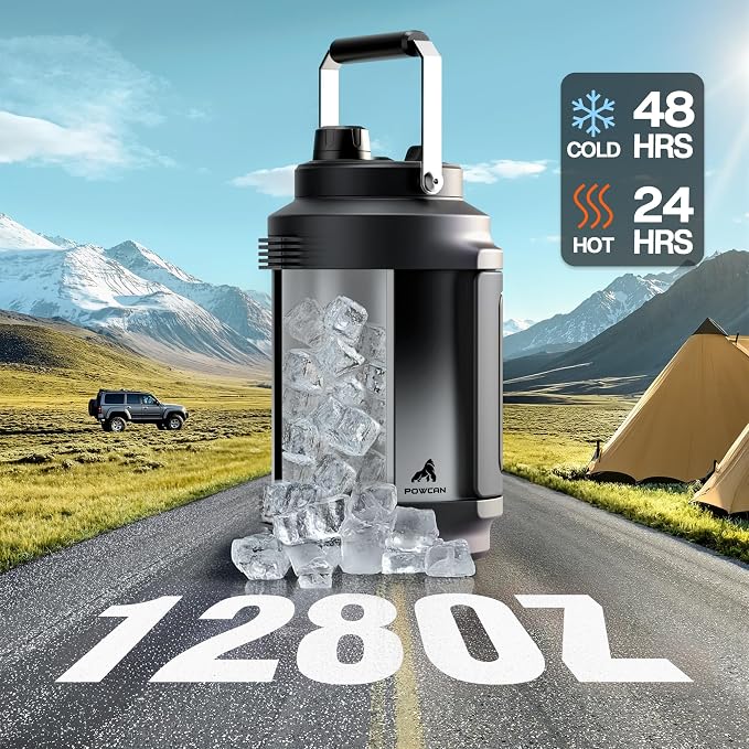 POWCAN 128 oz Insulated Water Bottle: 2-in-1 Straw Spout Lid, Dual Handle, Leakproof, Keep Cold 48H, Gallon Stainless Steel Water Jug for Camping, Travel, Gym, Hydration, Fitness, Daily (Obsidian)