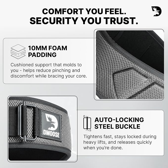 DMoose Fitness Weight Lifting Belt for Squats, Deadlift & Intense Workout - 6" Adjustable Fit Auto Lock Weightlifting Belt for Men & Women - Neoprene Gym Belts for Stability & Lumbar Back Support