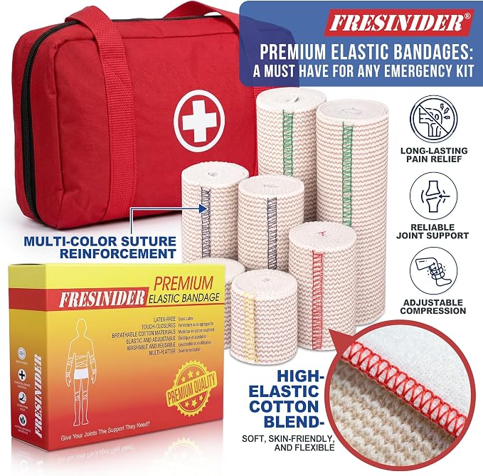FRESINIDER Premium Elastic Bandage Wrap 8 Pack, 2-6 Inch, Hook and Loop | Assorted-Width Cotton Compression Set Covers Wrist, Ankle, Knee and Thigh; Secure Ends for Full-Body Support and First Aid.