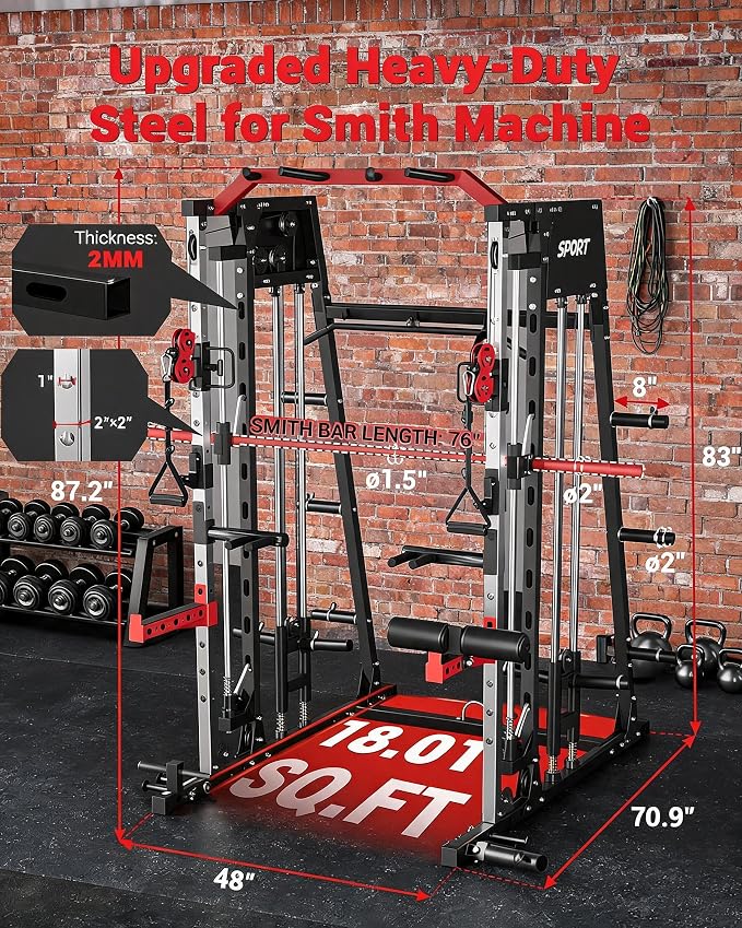 Garvee Smith Machine Home Gym, 2200LBS Power Cage Squat Rack with Smith Bar | With Cable Crossover, LAT Pull-Down & Leg Hold-Down - Multi-Functional Strength Training Equipment for Home, Red