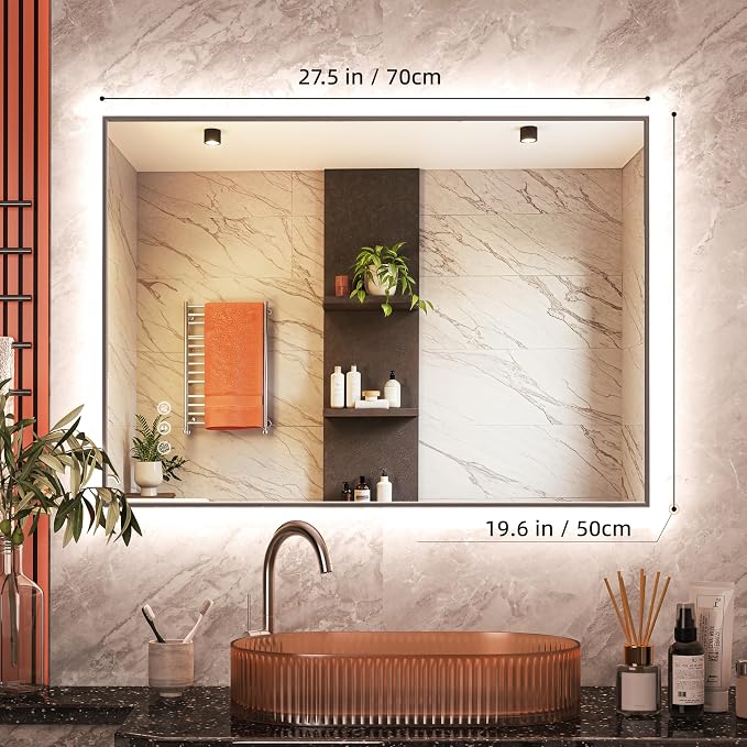 Hasipu 28''x 20'' Bathroom Mirror with Lights, Anti-Fog, Dimmable, Home Mirror Bathroom Mirrors for Over Sink Wall, Memory Function, Tempered Glass, Shatter-Proof, Wall Mounted