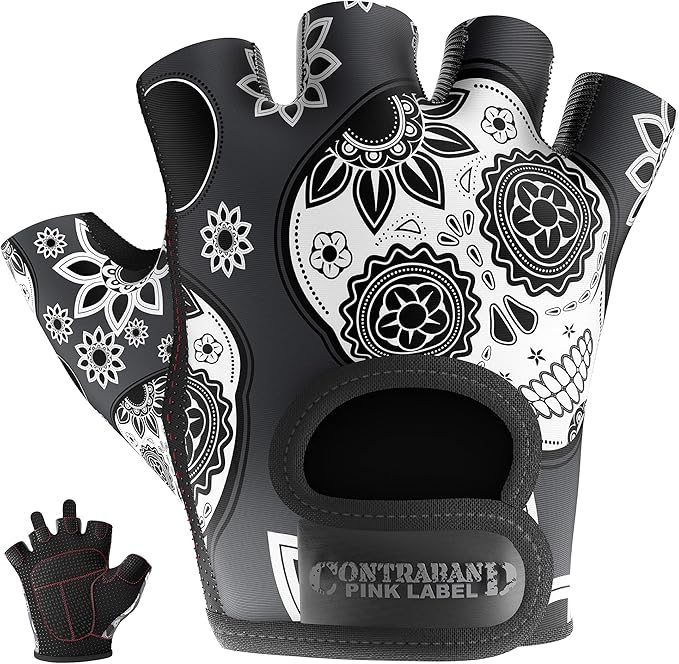 Contraband Pink Label 5237 Womens Designer Workout Gloves | Sugar Skull Print w/Grip-Lock™ Padding (Gray, Large)