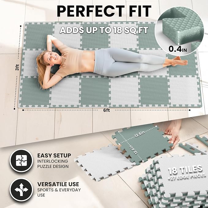 bemaxx Gym Mats Set - 18 pcs EVA Interlocking Foam Floor Tiles (12.6"x12.6"x0.4") 18sqft Protective Gym Flooring Sports Home Workout Exercise Mats Puzzle Garage Fitness Play-Room Pool Treadmill Bike