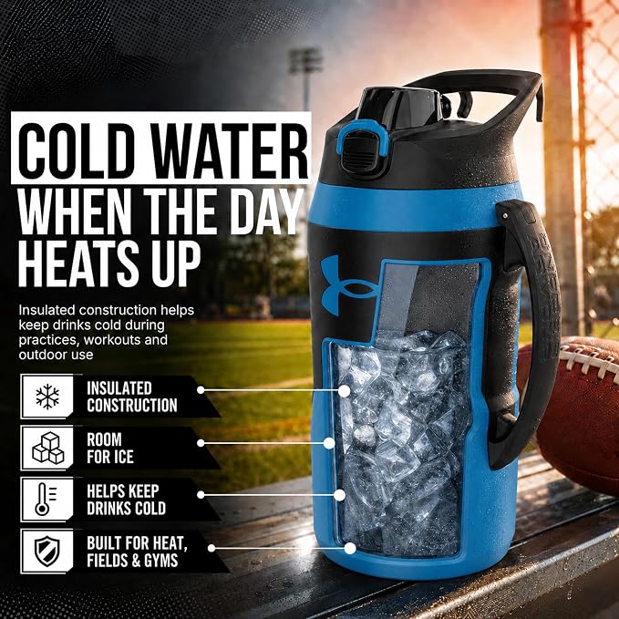 Under Armour Insulated Water Bottle with Handle & Fence Hook, Half Gallon Sports Water Jug, Leak-Resistant & BPA-Free for Baseball, Football & Gym - Ether Blue/Ether Blue, 64oz